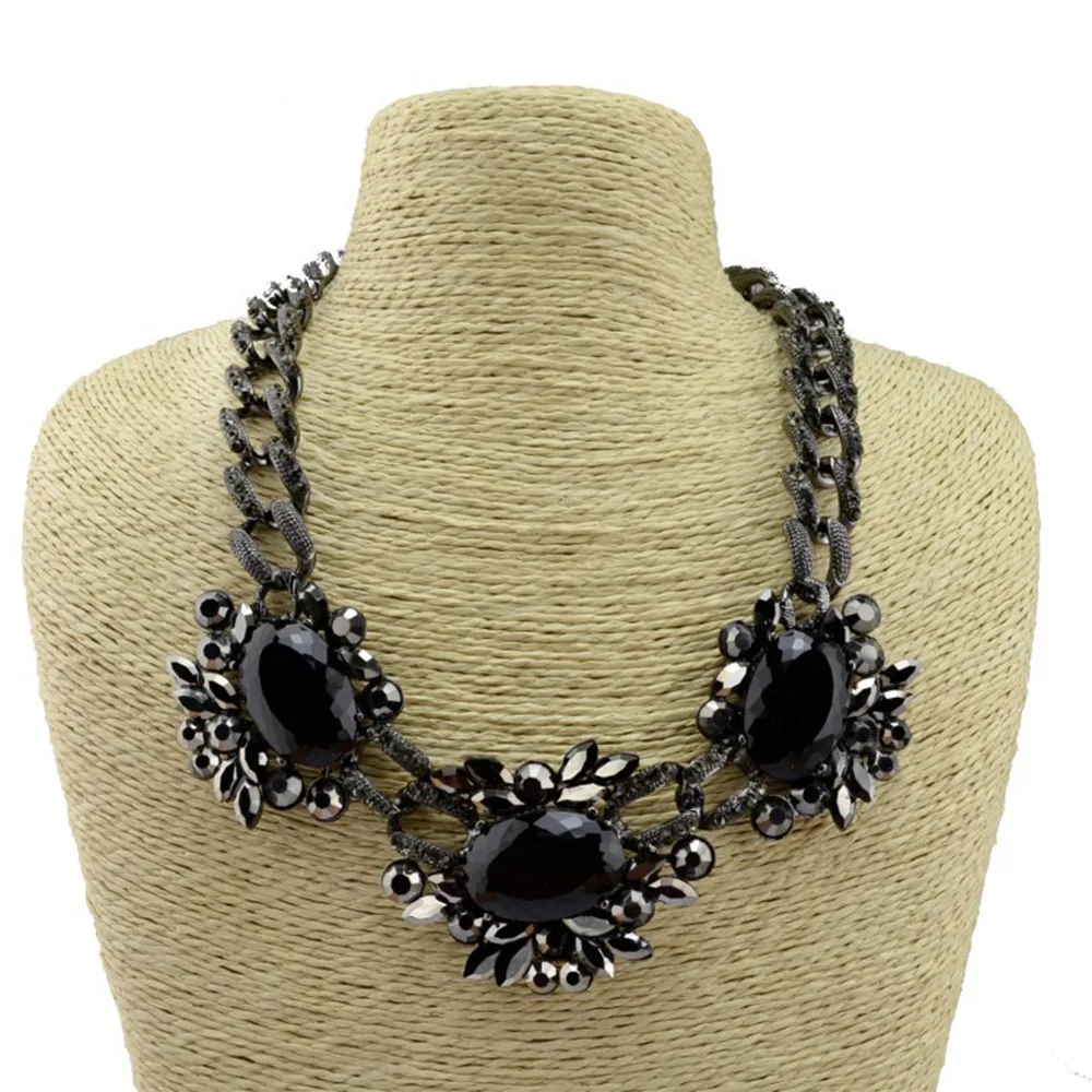 Fashion Black Rhinestone Alloy Chunky Chain Necklace For Women Bohemian Trendy Statement Big Choker Geometry Pendants Jewelry