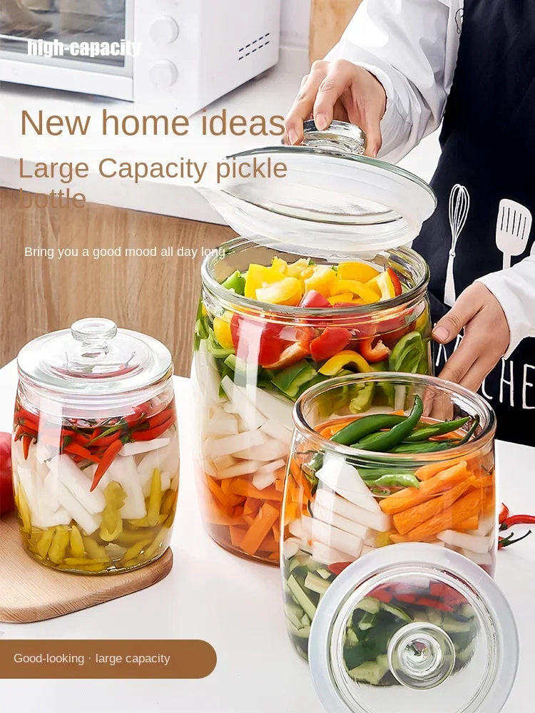 Homemade Pickles Glass Jar with Sealed Lid, Large Capacity Kimchi Pickling Bottle for Vegetables, Household Storage Container