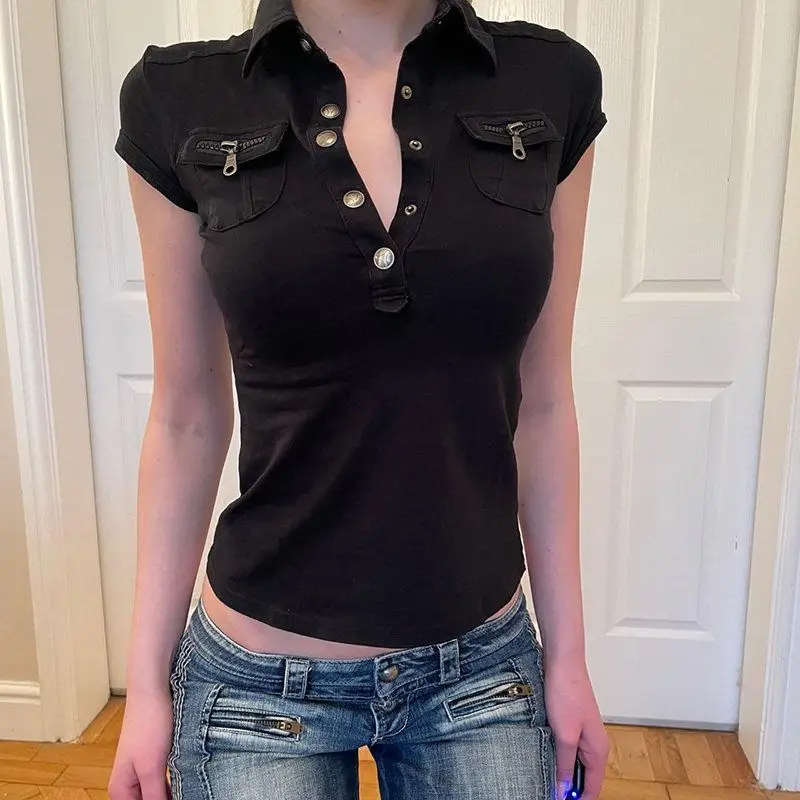 High Street Pocket Patchwork Solid Slim Short Sleeve Pullovers Top Women Clothing New Button Sexy T Shirts Korean Fashion Summer
