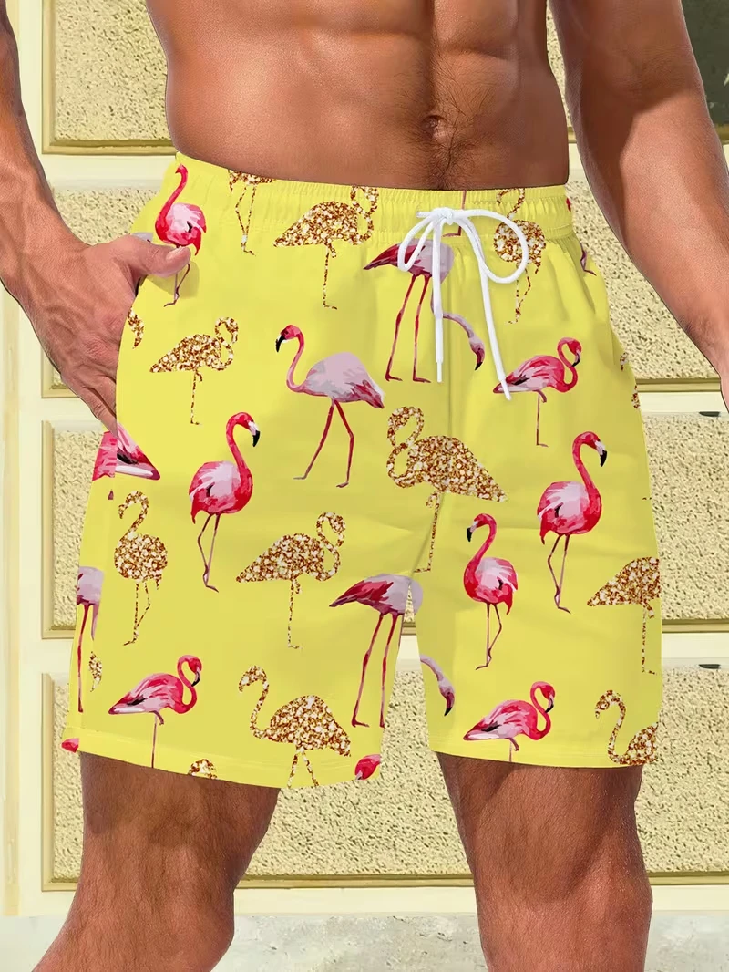 

Fashion Flamingo Print Summer Men's Shorts Vacation Swim Trunks Drawstring Elastic Quick Dry Hawaiian Beach Shorts Men Clothing