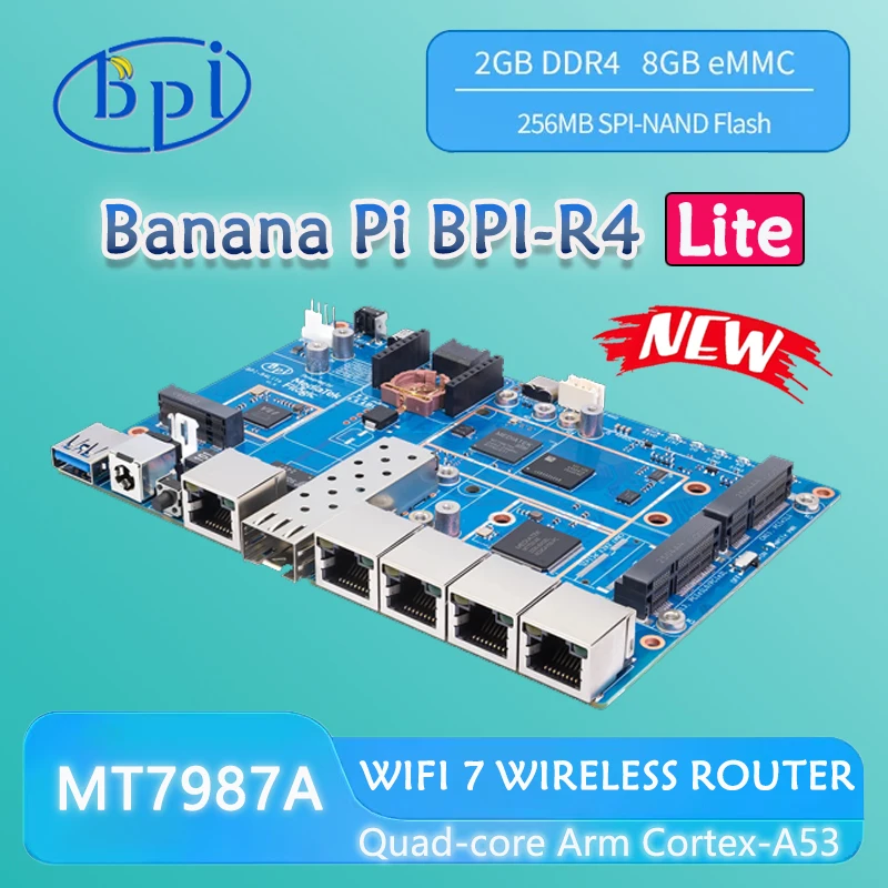 

Banana Pi BPI-R4 Lite MT7987 Quad-core Arm Cortex-A53, 2GB DDR4 8GB eMMC, support M.2 for 4G/5G Module Single Board