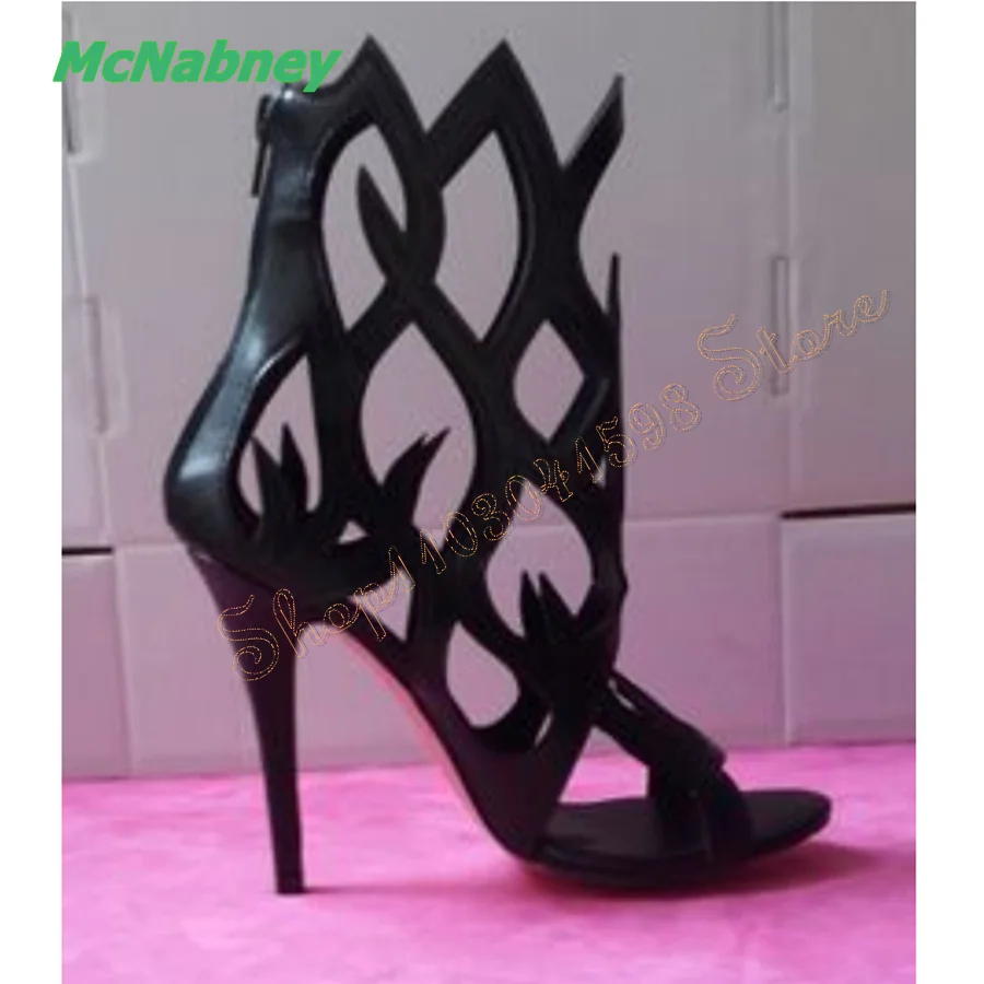 

Hollow Black Leather Sandals Round Toe Stiletto Zipper Women's Shoes Wedding Party HIgh Heel Shoes 2024 New Zapatos Para Mujere