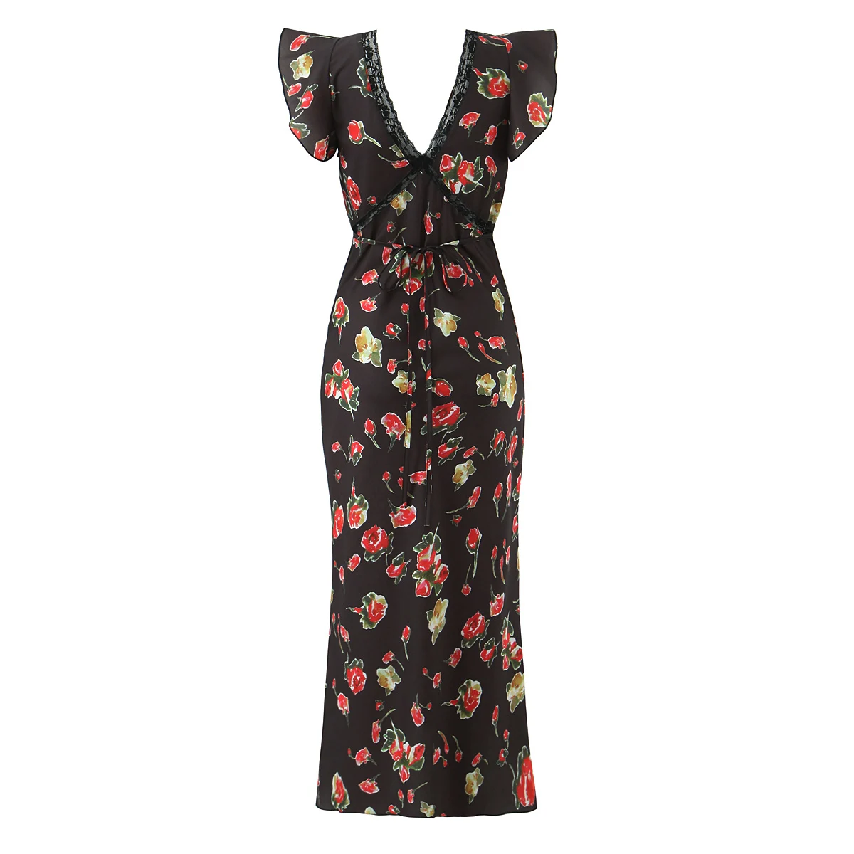 Novo verão preto com vermelho floral impressão emendado rendas babados vestido de manga curta feminino decote em v midi vestidos femme robe