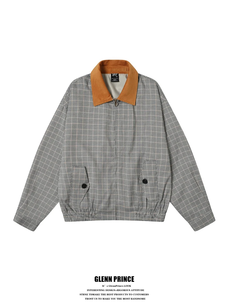 

Loose Fit Men's Retro American Plaid Corduroy Jaet Zipper Closure Casual Sle Youth Trend Autumn Outerwear ort Length