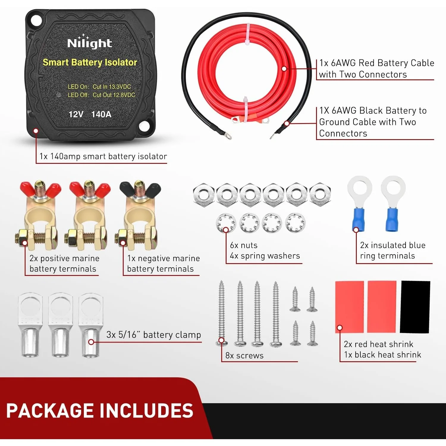 

Nilight 140A Dual Battery Isolator Kit 12V Smart VSR Relay with 6AWG Cable Automatic Disconnect for RV Truck Boat