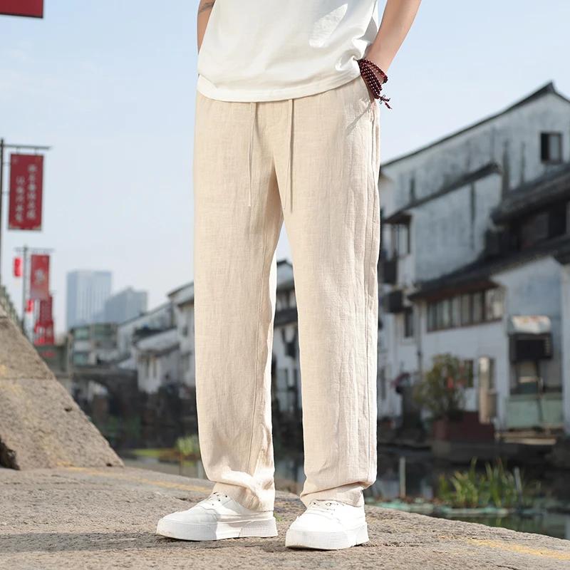 

Мужские летние тонкие свободные прямые брюки из высококачественного хлопка и льна, повседневные длинные брюки, новые китайские брюки-шалфей
