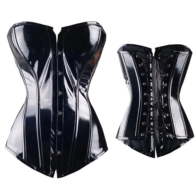 X New Black PVC Steampunk Lace up Back Sexy Body Bustier Overbust Corset Women Waist Trainer Corsets