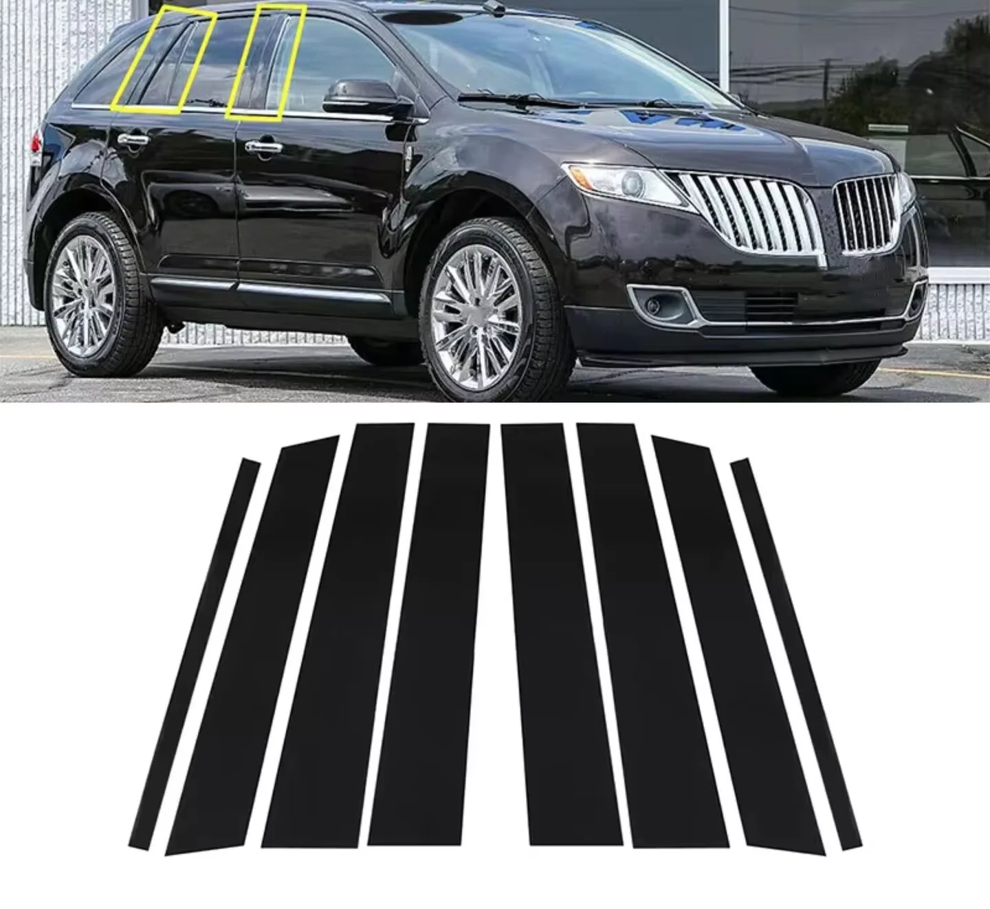 8PCS Glossy Black Pillar Posts Fit For Lincoln MKX 2007 -2014 For Ford Edge 2007 - 2014 Window Moulding B C Center Sticker Cover