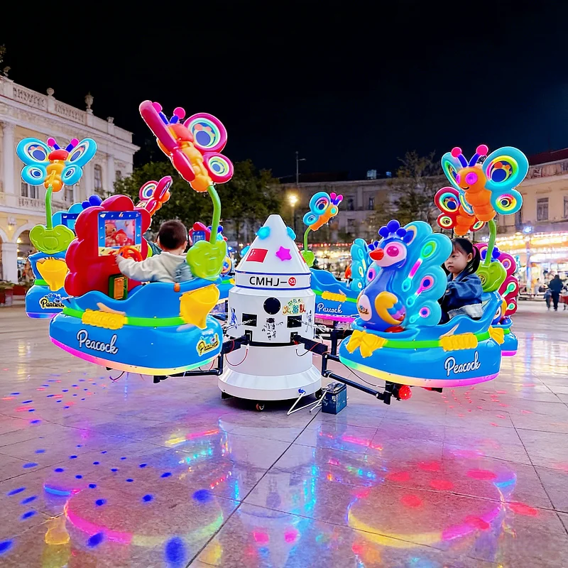 Peacock Shape Rotary Ride, 6 Seats Electric Lifting Machine, Square Color LED Light, Rotating Amusement Kiddie Facility
