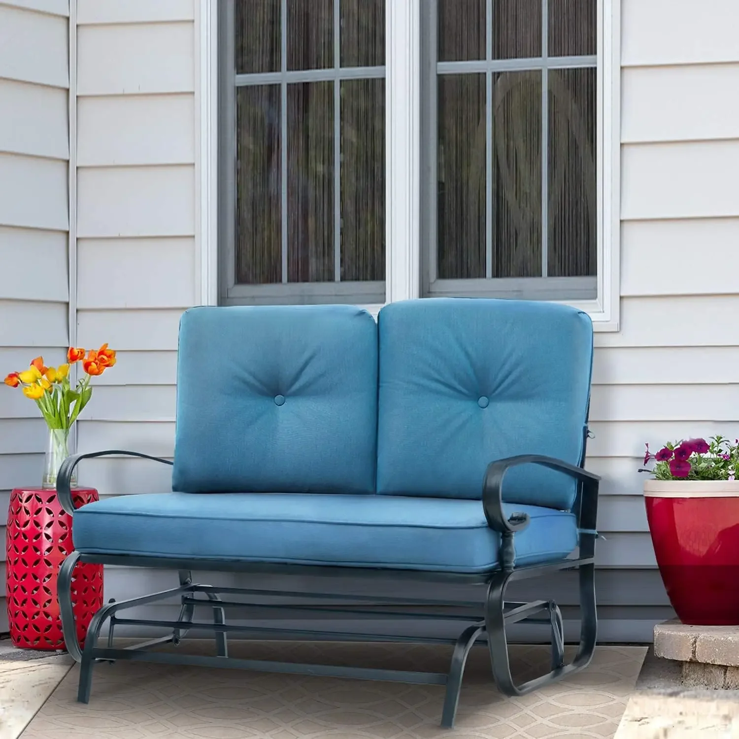 Outdoor Rocking Chair with Cushion Glider Bench for 2 Person, Seating Loveseat Steel Frame for Porch, Patio, Garden (Peacock Blu