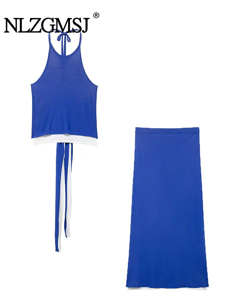 

2025 Элегантный женский комплект, двухслойный дизайн, вязаная юбка-миди, сексуальные топы с открытой спиной для женщин, комплекты из 2 предметов