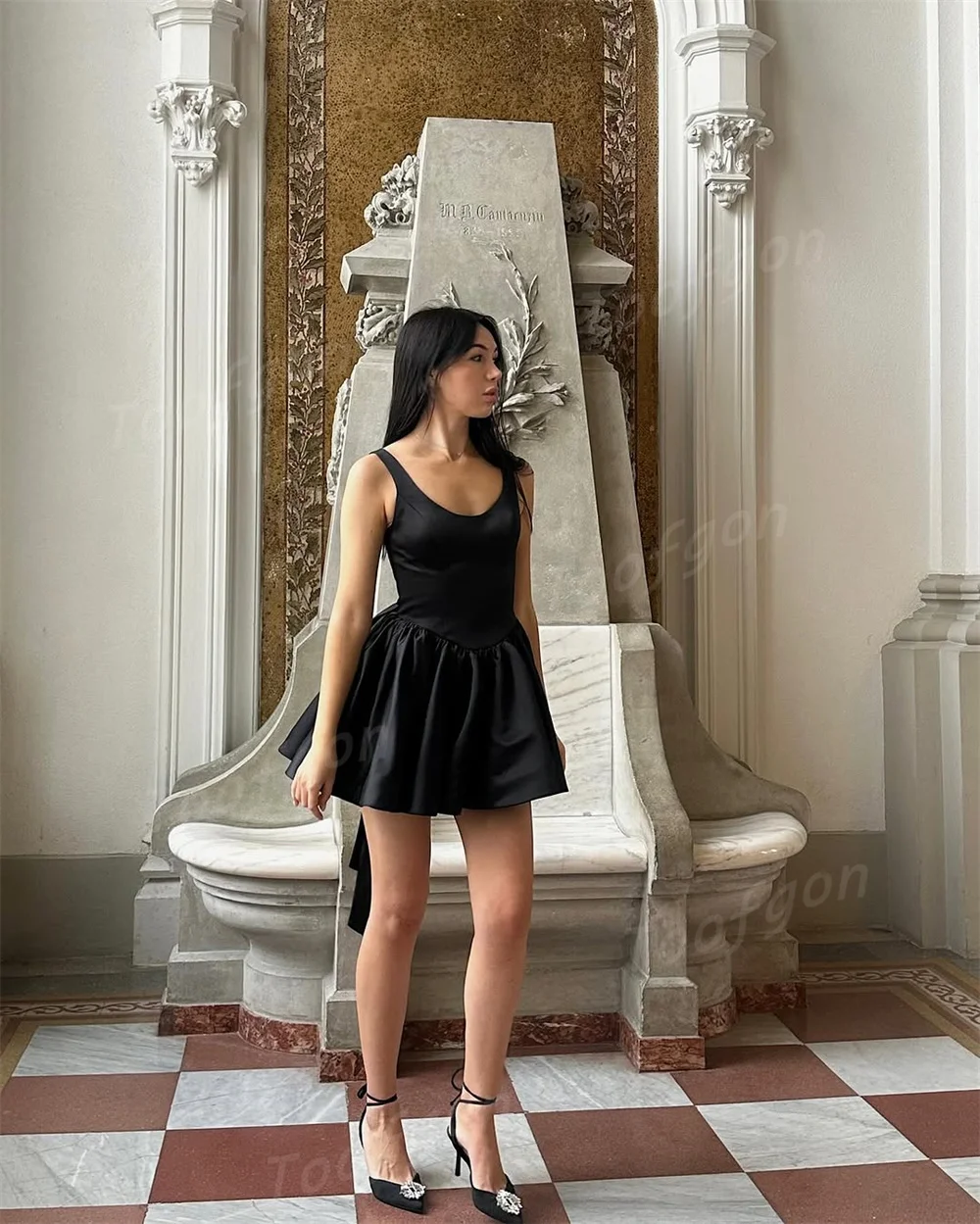 Toofgon U Neck Black Short Mini Evening Dresses Customized Satin A Line Wide Strap Prom Dress Women Above Knee Formal Party Gown