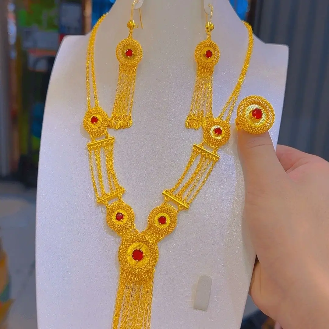 

Dubai New 24K Gold Plated Necklace, Earrings, and Rings as Gifts for Women's Friends, High end Wedding Party Jewelry Set DD10628