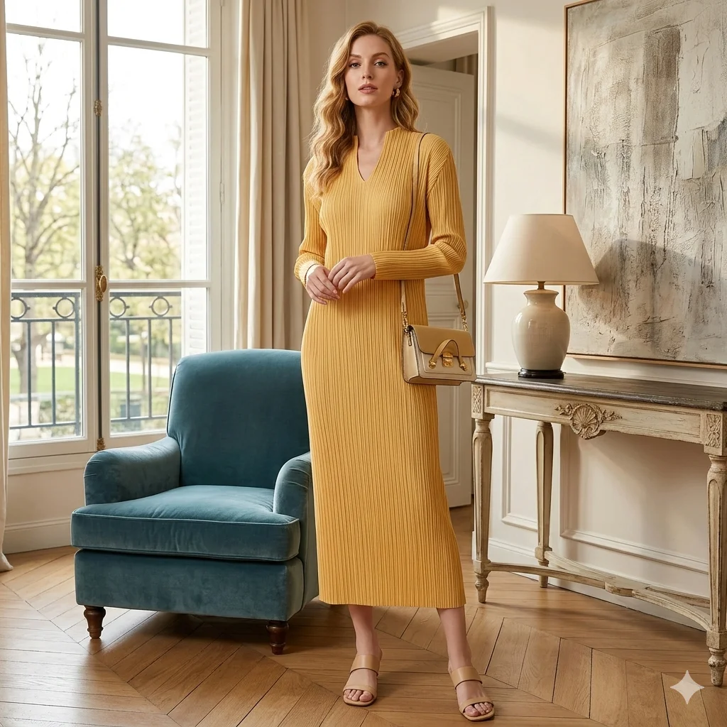 

Miyake Pleats 2026 Spring New Arrival Minimalist V-Neck Dress for Women Long-Sleeved Slim-Fit Flattering Elegant Long Dress