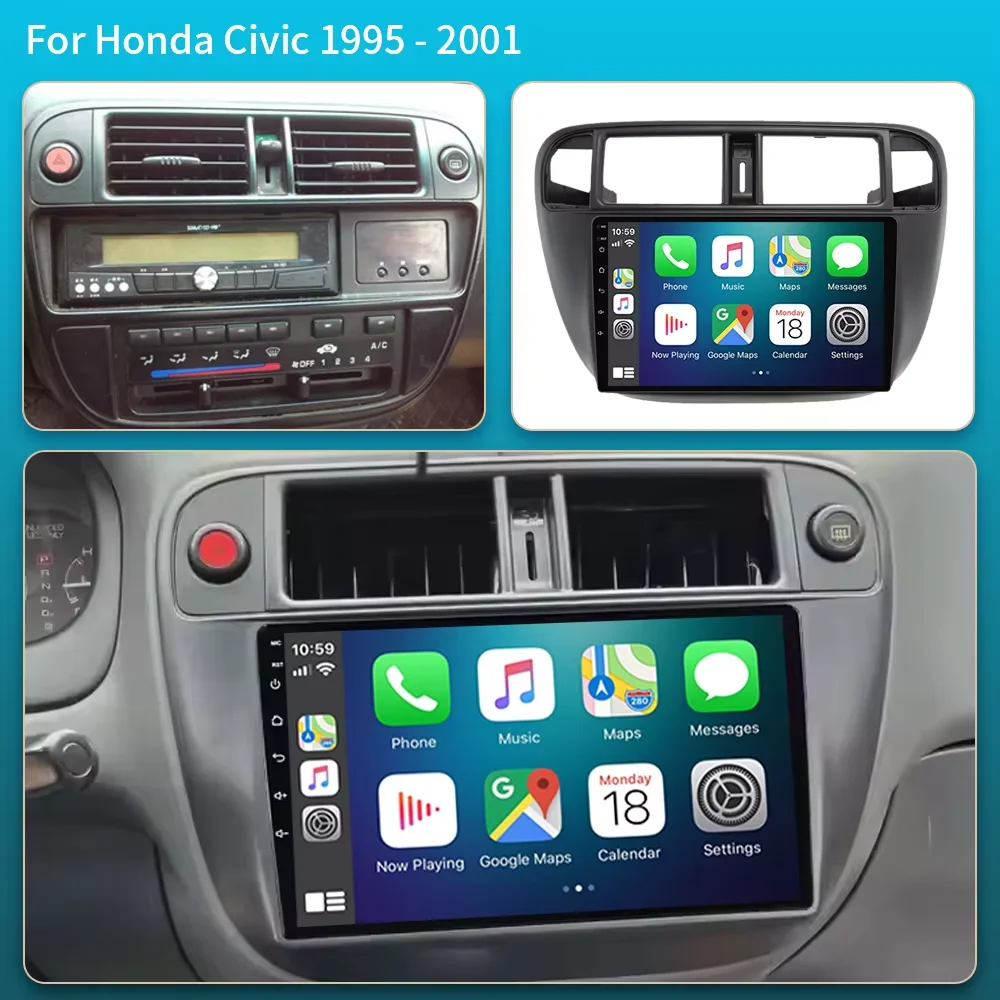 Android 16 Carplay Auto For Honda Civic 1996 1997 1998 1999 2000 2001 Multimedia Car Radio Player 4G Stereo 2 Din Tape Recorder