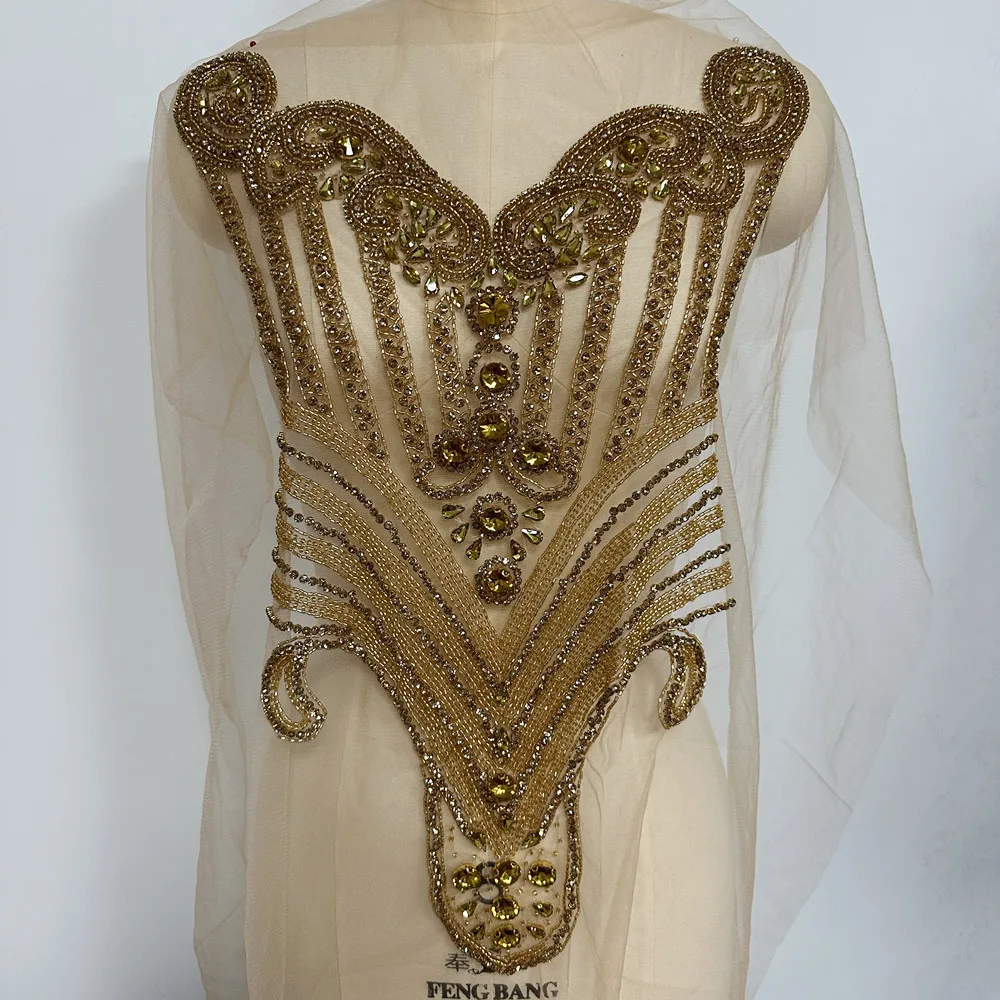 Gold Rhinestones Fashion Applique Bodice Patch with Glass Crystal for Wedding Evening Dace Dresses