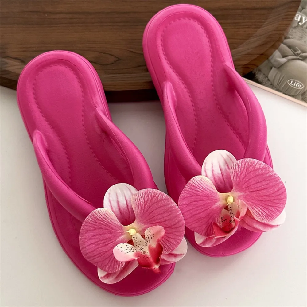 

Модные летние шлепанцы с орхидеями, пляжные элегантные цветочные вьетнамки, нескользящие сандалии для отпуска, женские/девичьи.