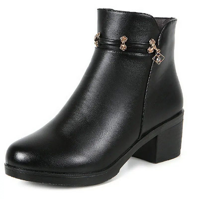 2025 New Fashion Women Genuine Leather Ankle Boots Female Warm Fur Round Toe Square Heel Zip Handmade Leisure Women Boots image 3