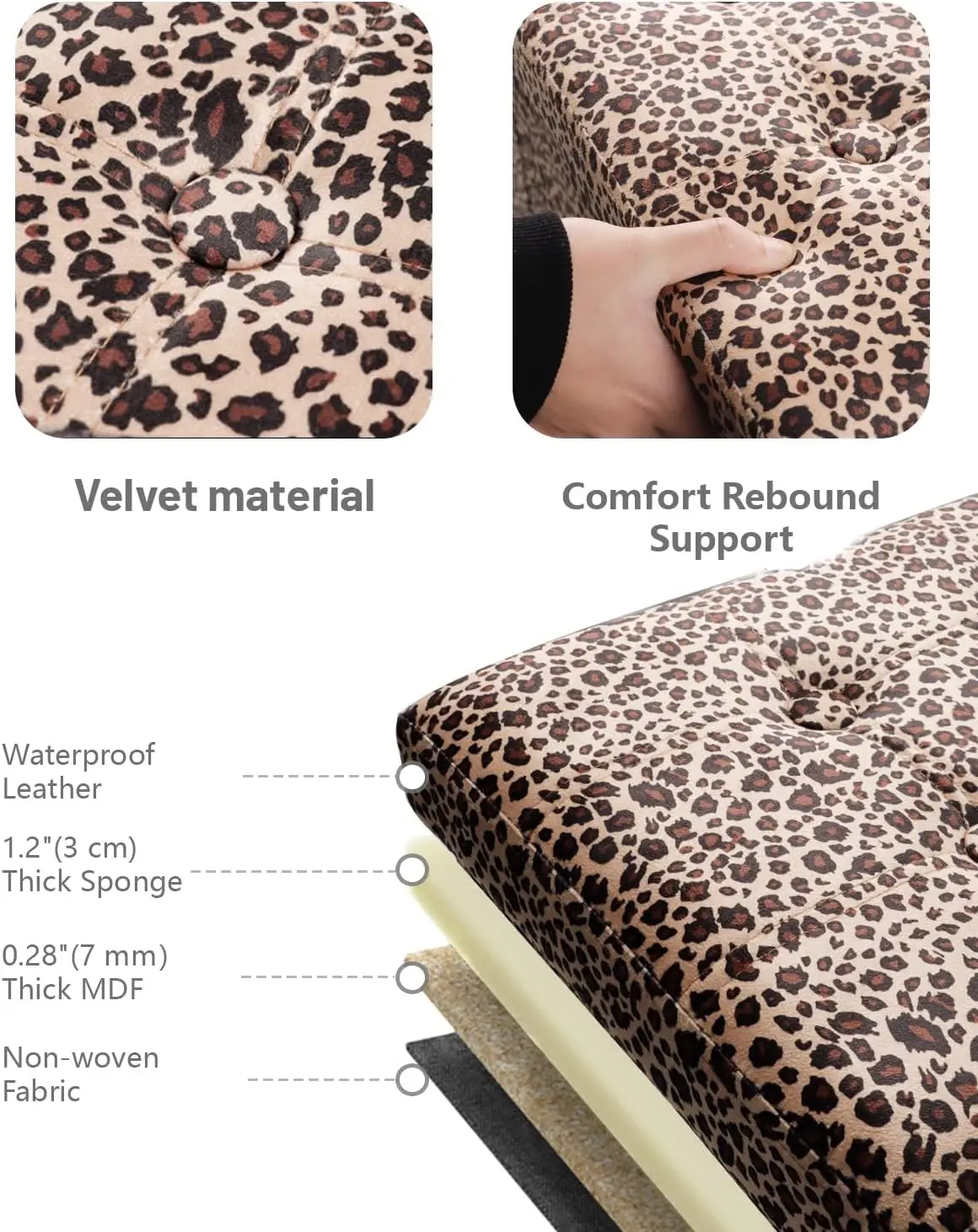 Leopard Print Velvet Storage Ottoman Bench, 34 Inch Foldable Footrest with Flipping Lid for Living Room and Bedroom