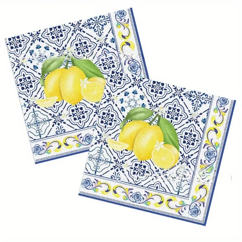 40pcs Blue and White Porcelain Lemon Disposable Napkins Square Printed Paper Placemats for Holiday Party Table Setting Decor