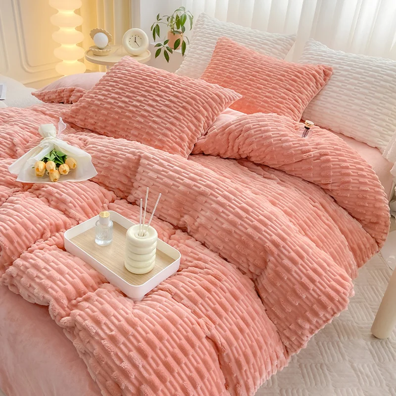 Solid Color Tortoise Velvet Bedding Set Autumn and Winter Thick Warm Rabbit Velvet Bedclothes Nordic Quilt Cover Kit with Sheets