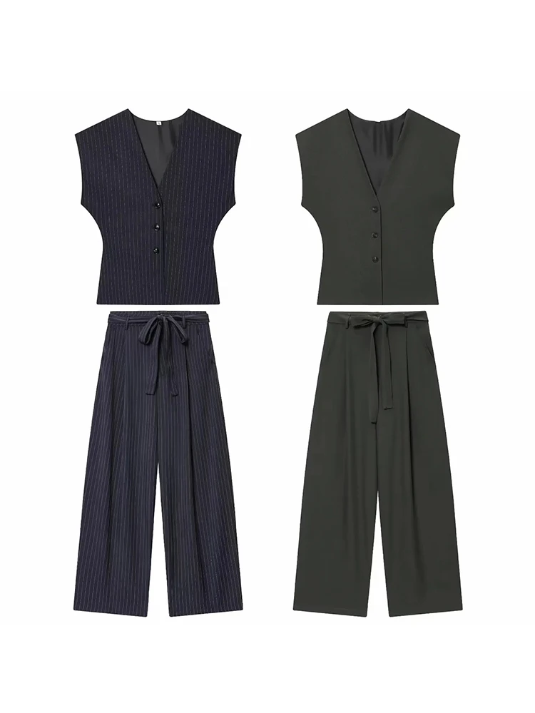 Women Fashion 2-Piece Set Single-breasted Sleeveless V-Neck Pinstripe Vest+Summer Pleated Loose Pocket Belt Zipper Pants view 2