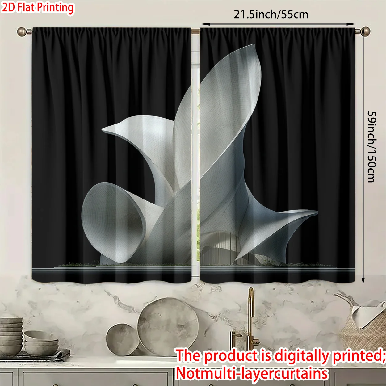 Modern Abstract White Flower Blackout Curtains 2D Digital Printed Living Room Bedroom Drapes Single Layer Window Treatment.