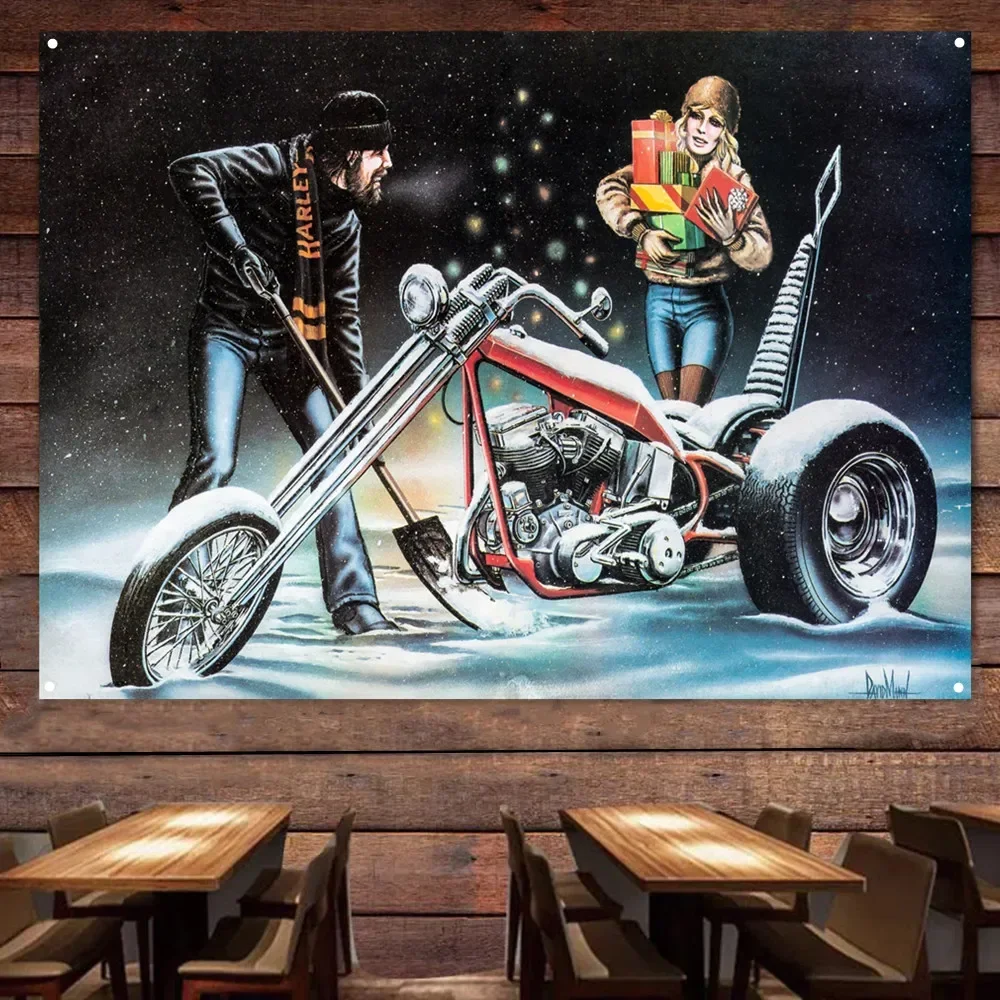 Merry Chrismas Motorcycle Flag Vintage Wall Decor Poster Car Painting For Garage Man Cave Bar Club Pub Best Gift for Cyclists