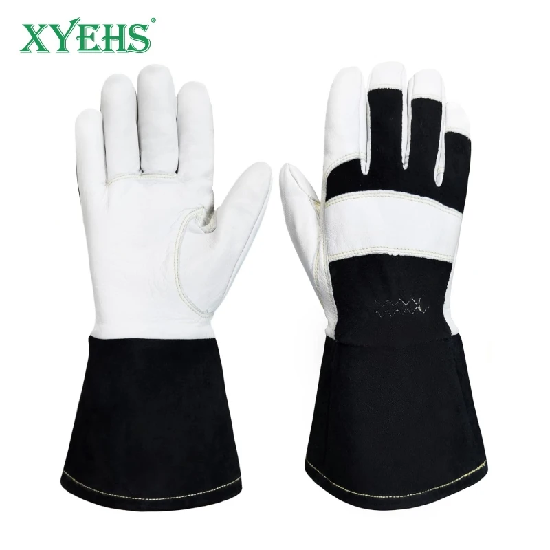 xyehs premium goatskin long cuff luvas tig soldagem seguranca trabalho resistente ao calor resistente a faisca cowsplit traseiro par 01