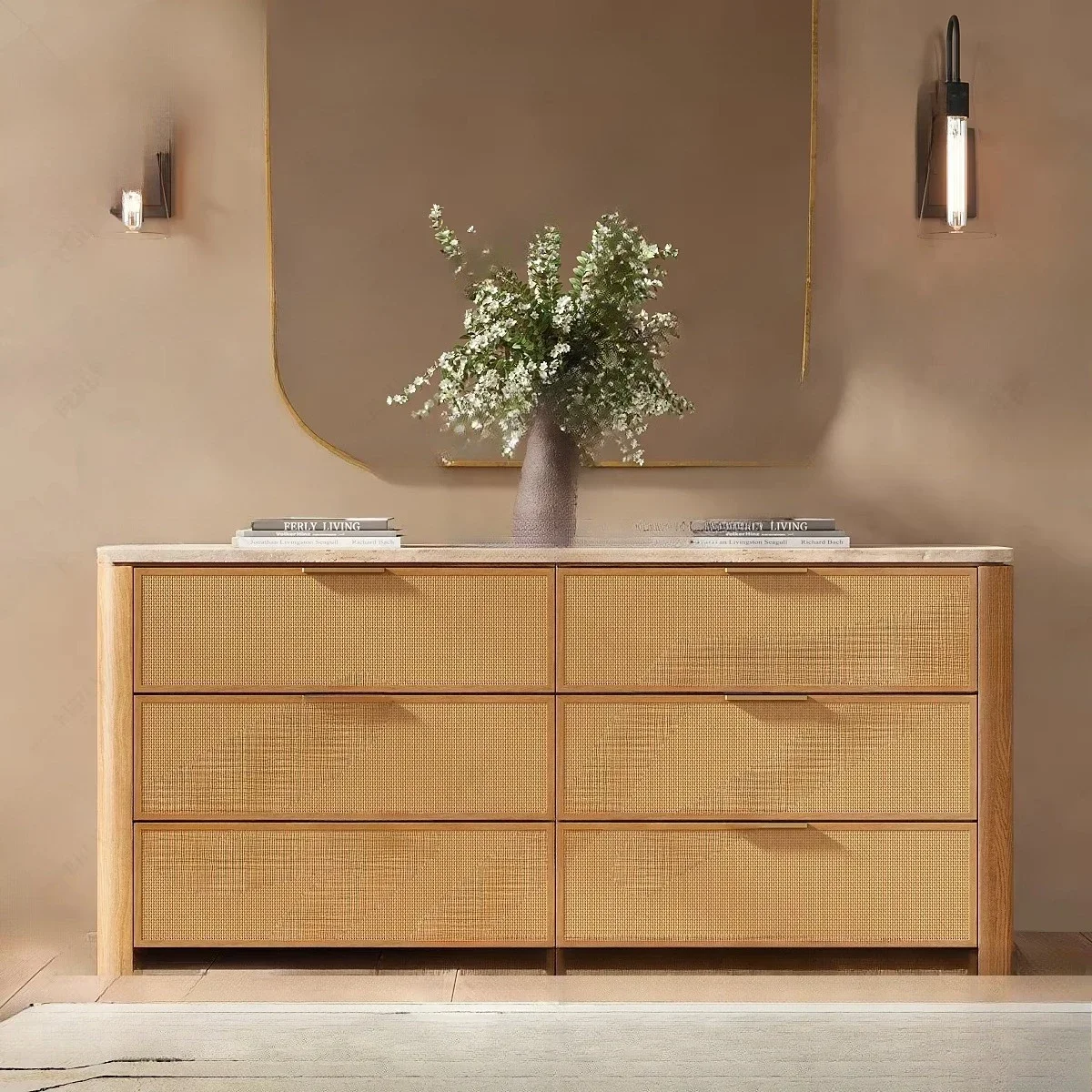 Tin travertine dresser, wooden frame, natural elements collection, luxury bedroom