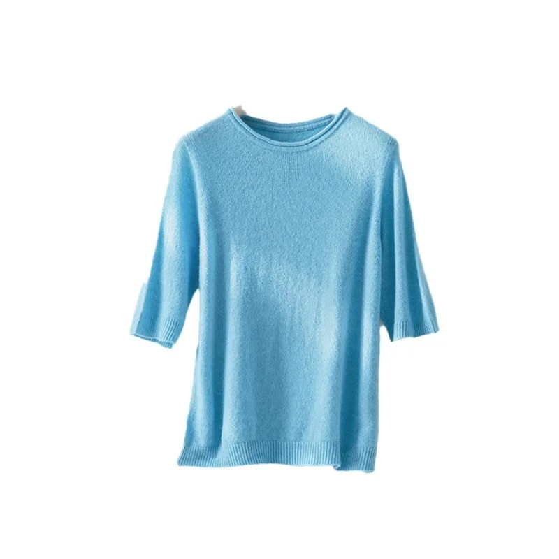 

Autumn Wool Cashmere Half Sleeve Sweater,women Seamless Rolled Edge Round Neck Knitted T-shirt Tops