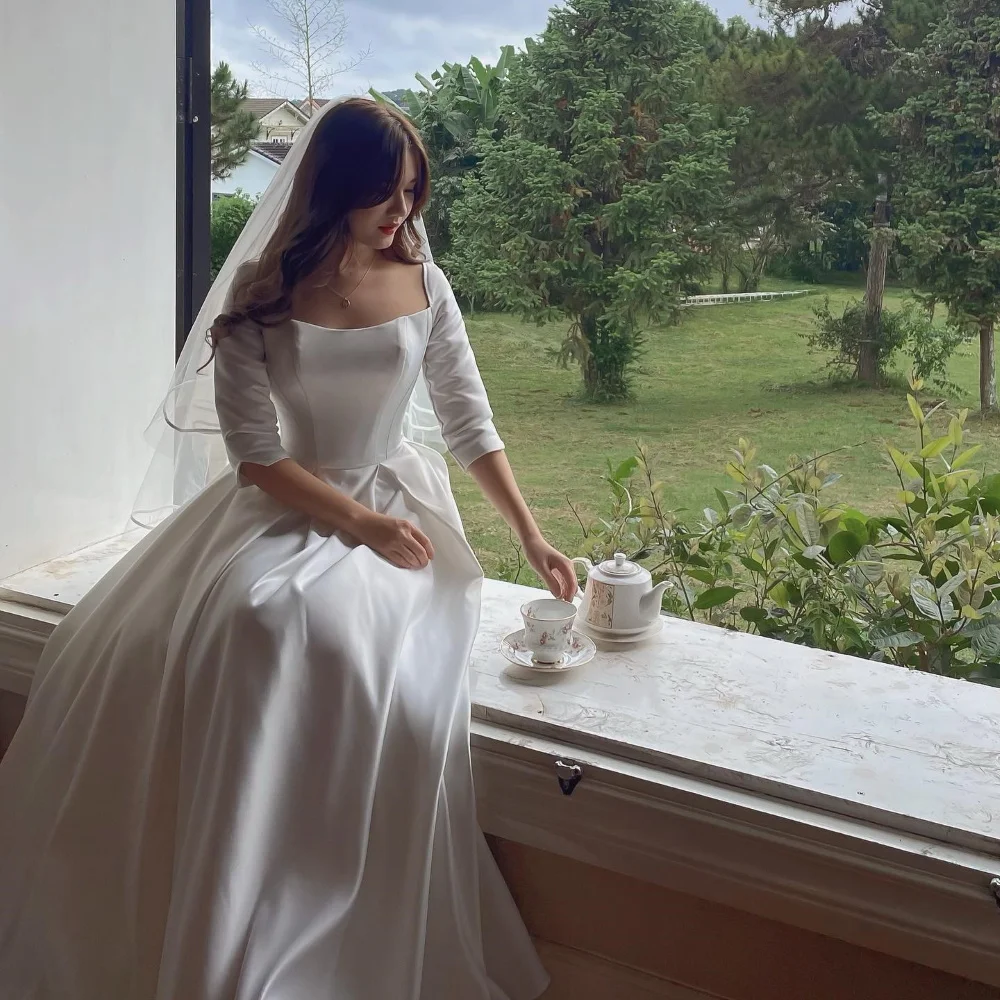 

Square Collar Wedding Dresses Vestidos de festa Korea Style Long Formal Bridal Gowns With Veil For Elegant Women 2024 New