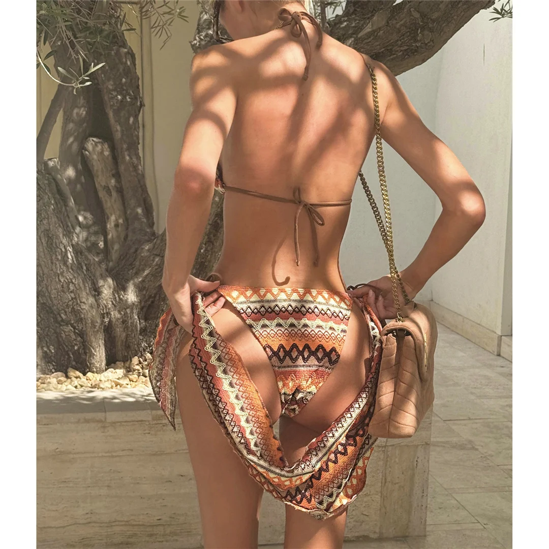 S - XL Bedruckter Bikini mit Sarong-Oberteil, Damen-Badeanzug, dreiteiliges Bikini-Set, Badebekleidung, Badeanzug, Modell V8059 – Detail 4