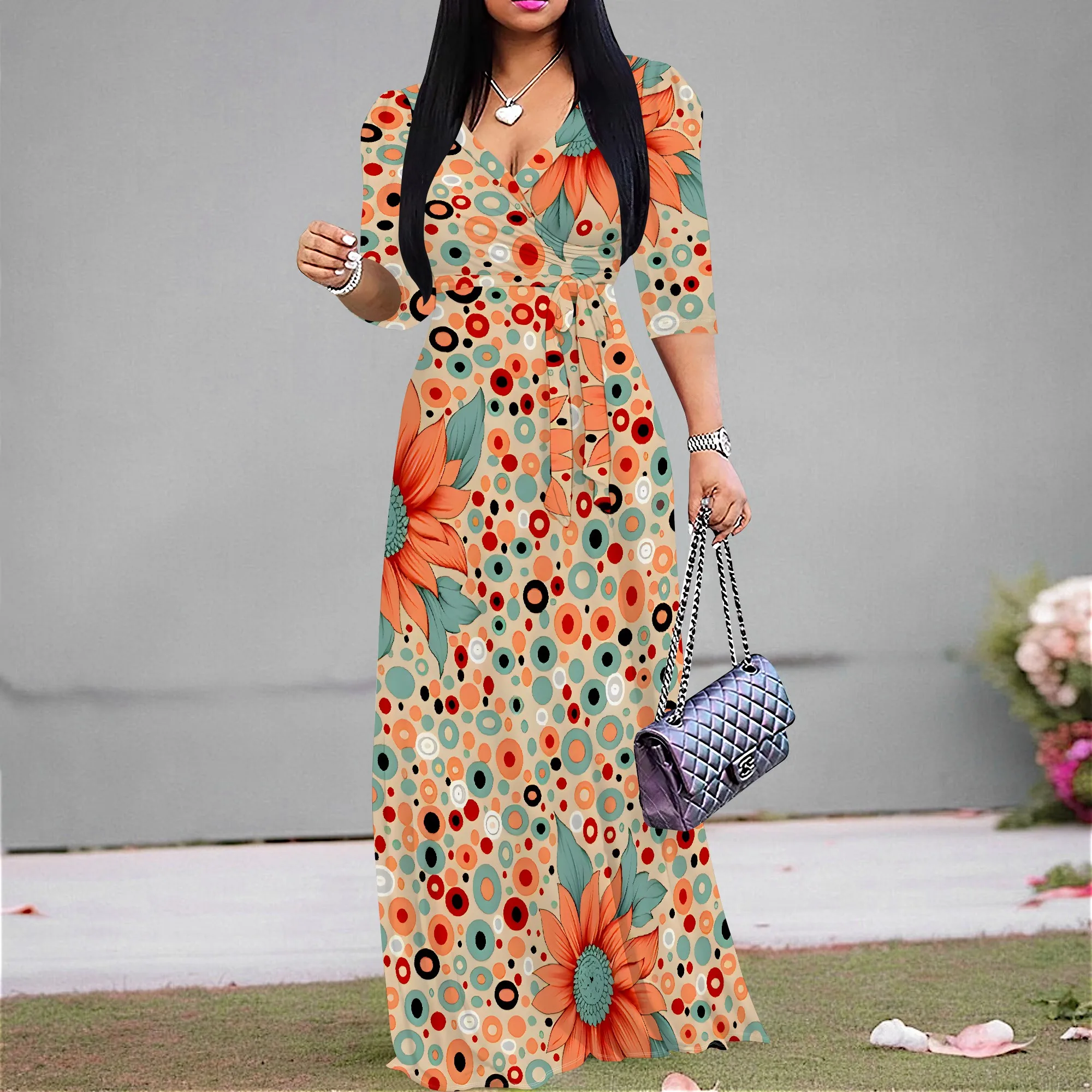 

Plus Size Polka Dot Sunflower Print Maxi Dress V Neck Retro Style for Summer Picnic or Brunch