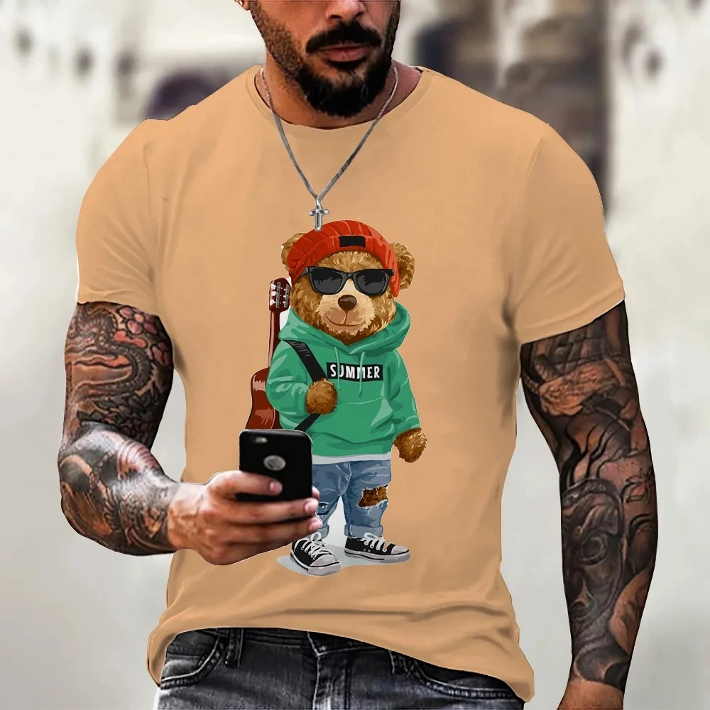 2023 New Teddy Bear Printed Men\'s T-shirt Casual Round Neck Short Sleeve Summer Street Trend Hip Hop Harajuku Round Neck Large T