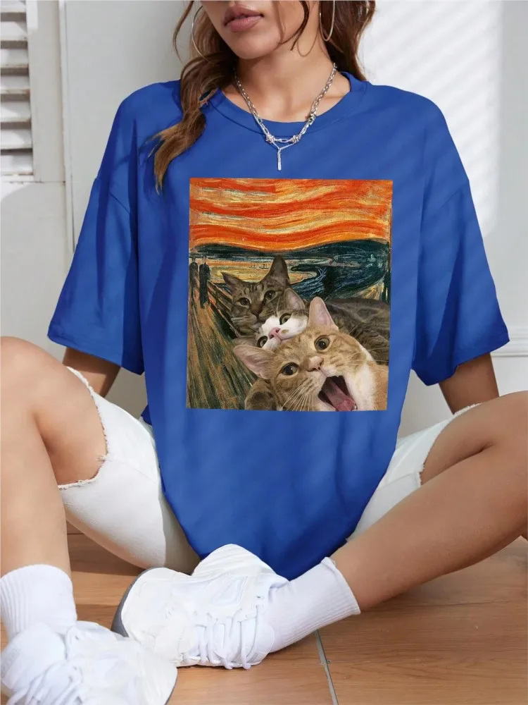 Oil Painting Three Naughty Cats Creative Design T-Shirts Women Fashion Street Breathable Tops Cotton Summer Female Clothing Tees