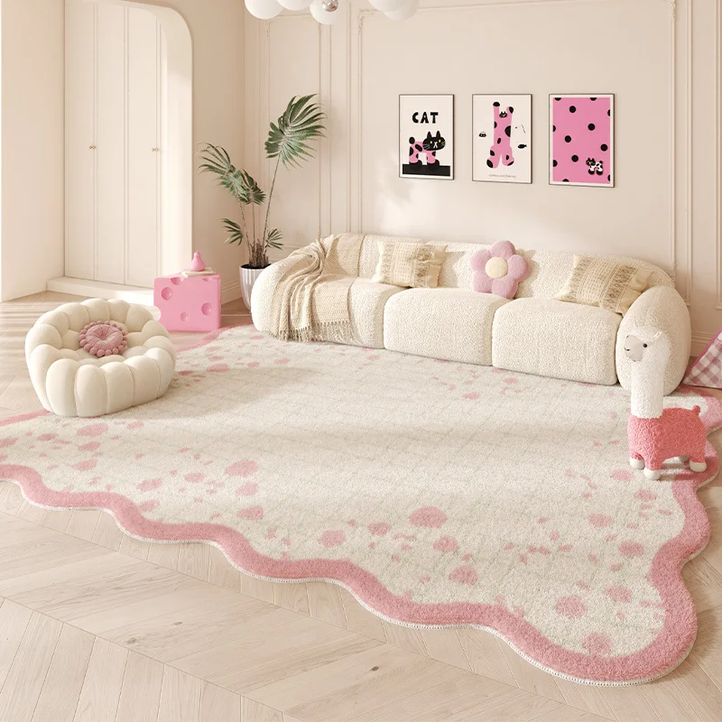 VIKAMA Cute Pink Floral Wavy Edge Area Rug Soft Plush Fluffy Floor Carpet Non‑Slip Mat for Bedroom Room Home Interior Decor