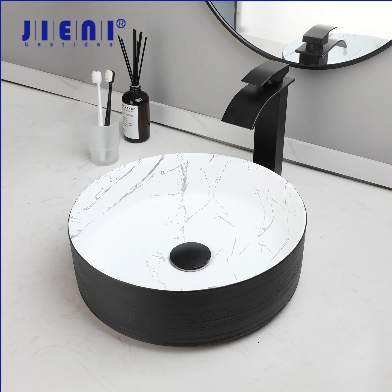 JIENI Ceramics Bathroom Basin Faucet Set Round Art Hand Painted Countertop Sink W/ Hot Cold Mixer Taps Matte Black Pop Up Drain