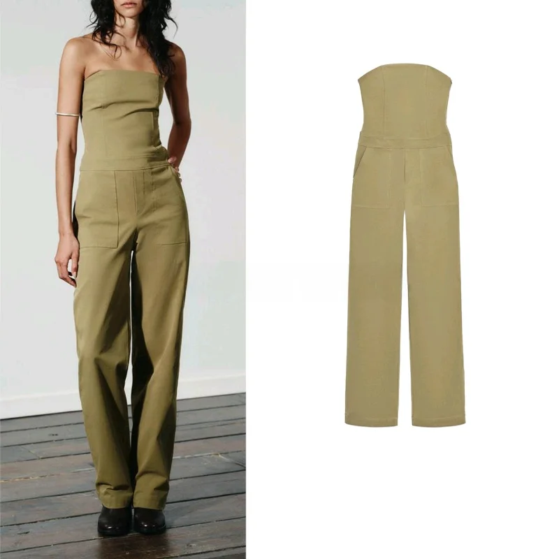 

Новый осенний женский длинный цельный костюм с прямым воротником и открытыми плечами, облегающий брючный костюм-бюстье 352273