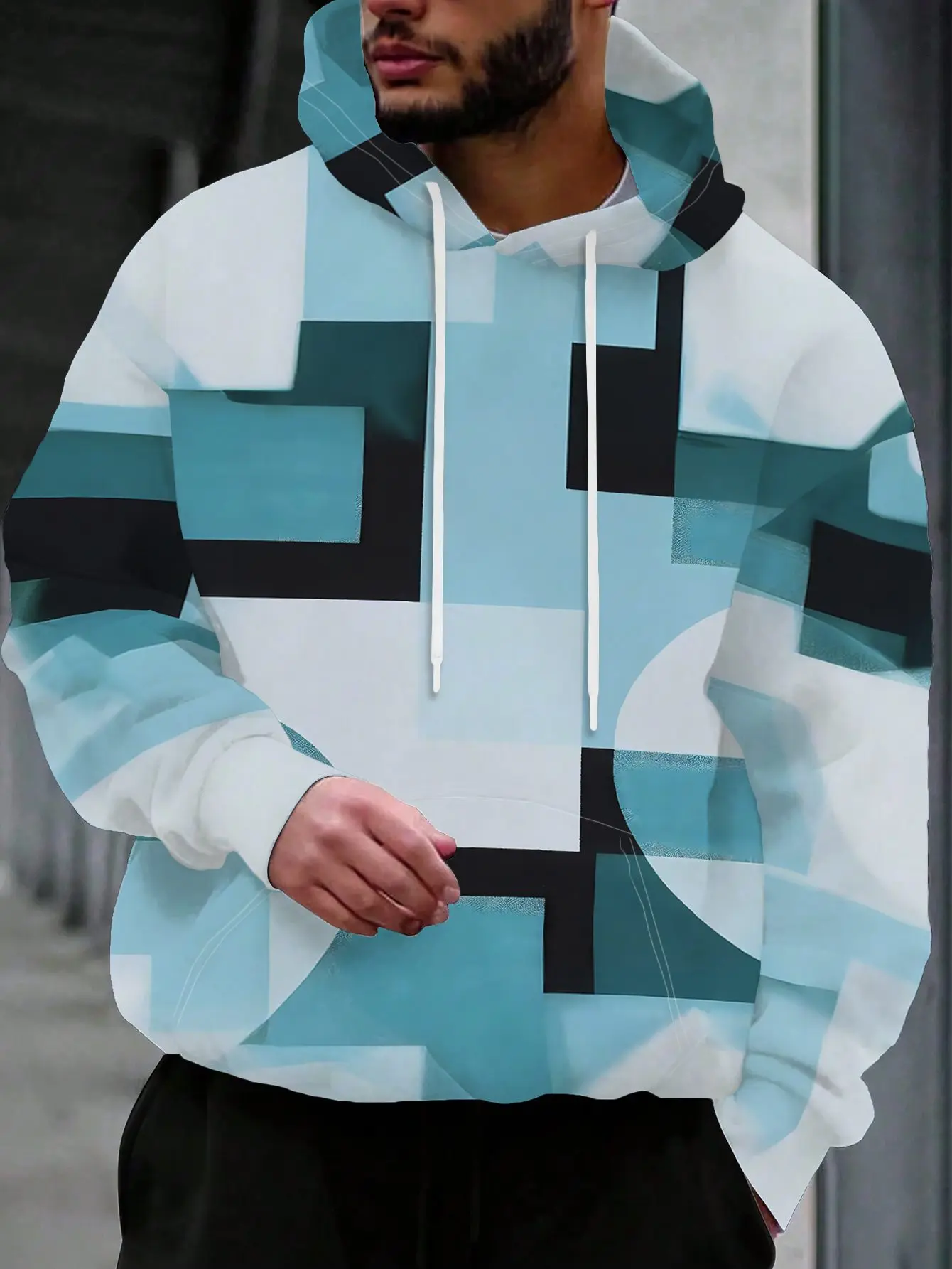 Men Hoodie Autumn Geometric Block Splice Print Long Sleeve Pullover Fashion Streetwear Casual Daily Outdoor Tops Men's Clothing