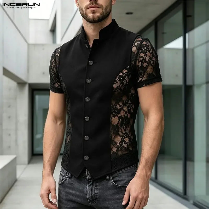 INCERUN Men's Shirt Lace Patchwork See Through Stand Collar Short Sleeve Men Clothes Sexy Fashion Streetwear Tops For Man Camisa