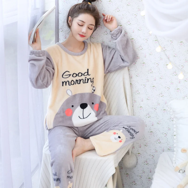 New 2023 Autumn Winter Warm Flannel Women Pyjamas Sets Thick Coral Velvet Long Sleeve Cartoon Sleepwear Flannel Pajamas Set Girl