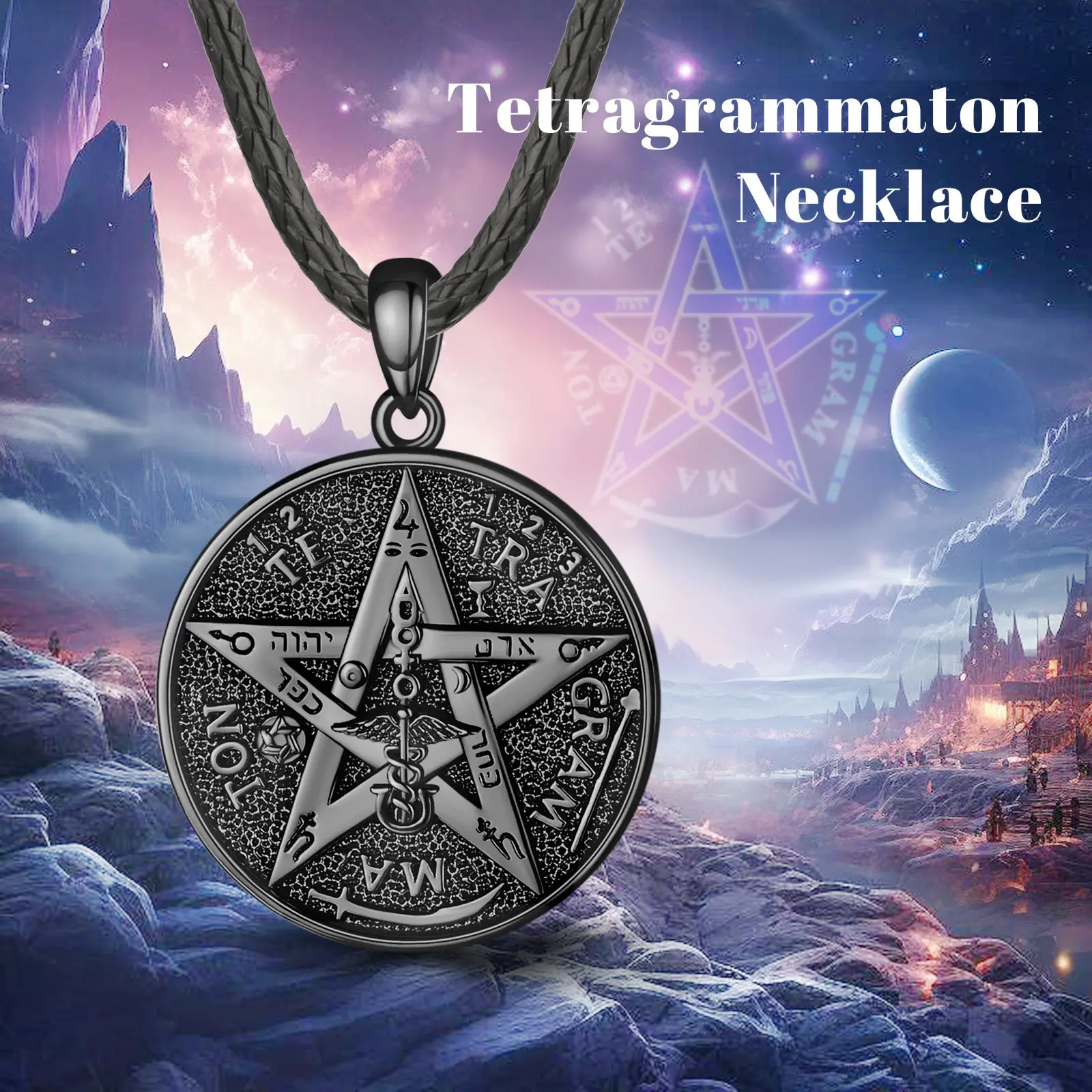 Eudora-925 Sterling Silver Pentagram Runes Colares para Homens e Mulheres, Amuleto Preto, Estrela Guardiã, Tetragrama Pingente, Presente Bruxa