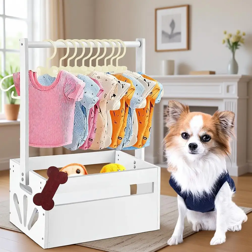 

Большой деревянный шкаф для собак 20x13x9 с перекладинами для вешалок, персонализированными буквами и корзинами для хранения игрушек и одежды для питомцев (белый)