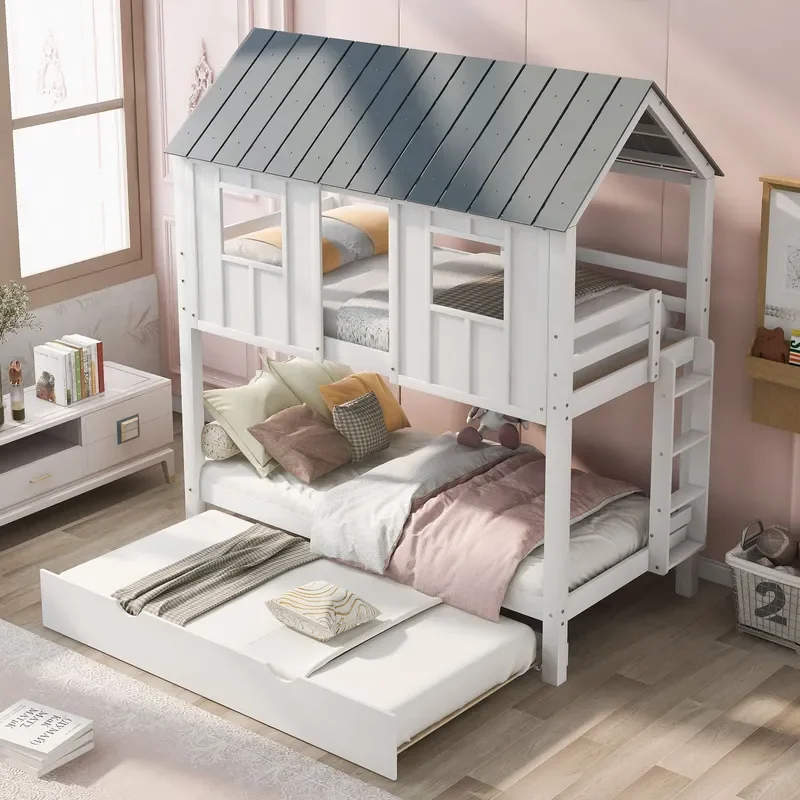 White Gray Cottage Bunk Bed with Pull Out Trundle for Kids Bedroom Furniture Space Saving Design