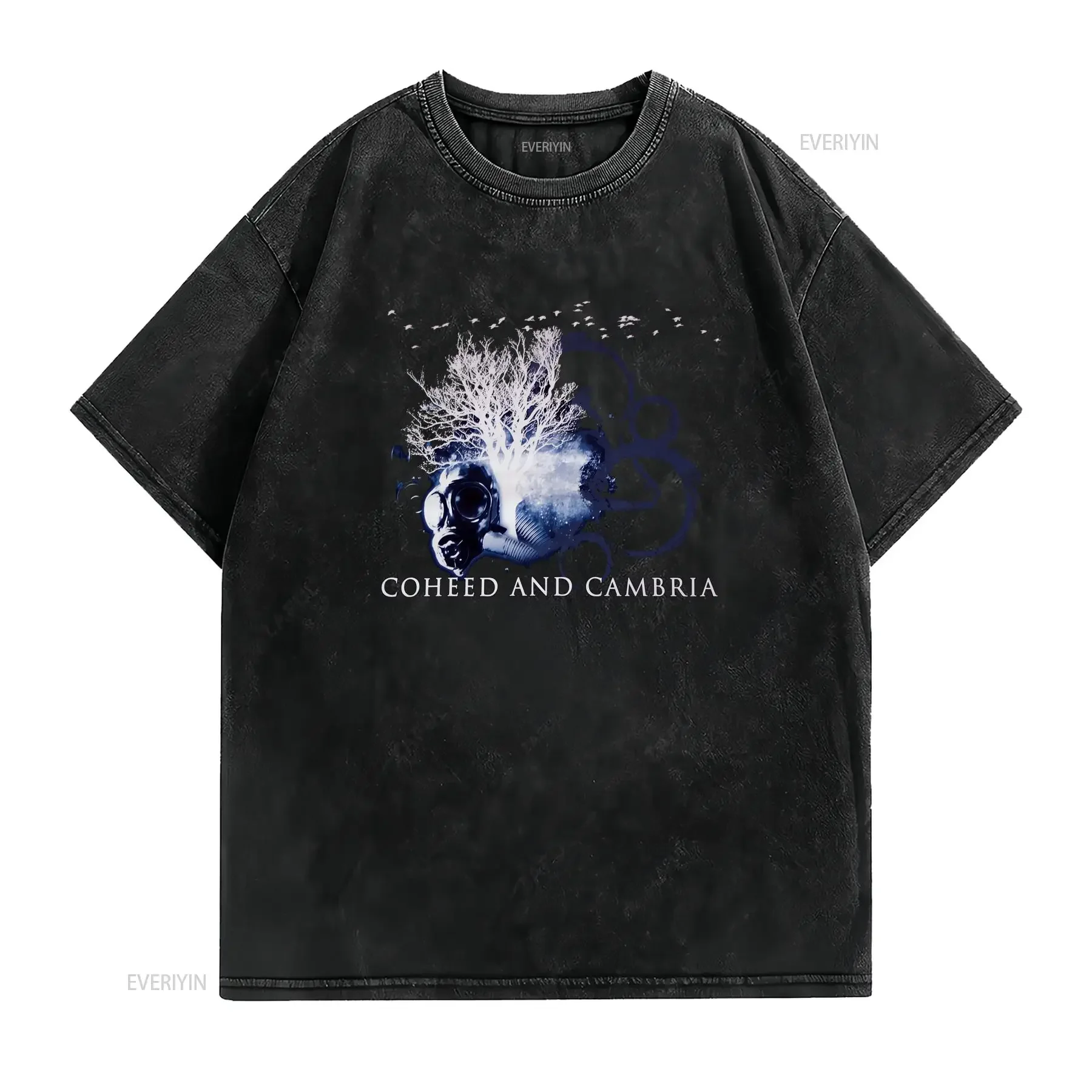 Cool Gothic Dark Coheed And Cambria Rock Band Gas Mask White Tree Print Casual Streetwear T Shirt vintage Washed Stretched