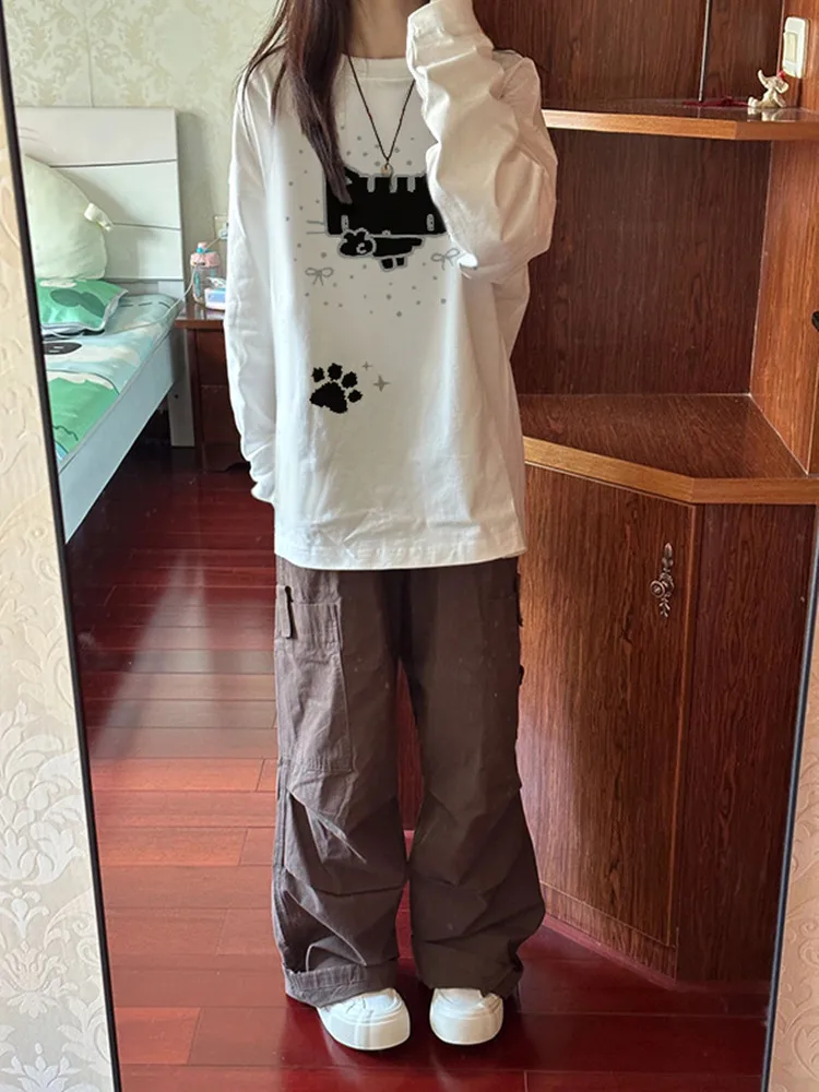 T-shirt Bianca in Puro Cotone Pesante con Stampa Cartoon Carina, Maglietta Larga da Donna per Primavera e Autunno, Top Trendy per Studentesse