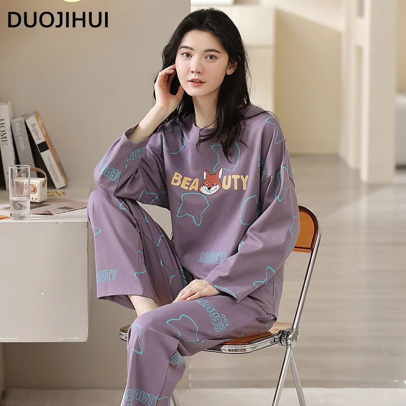 DUOJIHUI Purple Fashion Print Loose Female Pajamas Set New Chic Solid Color Pullover Simple Casual Pant Autumn Pajamas for Women