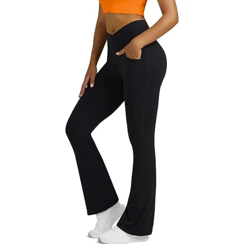 

Aiithuug Yoga Flared Pants with Pockets High Waisted Crossover Flare Leggings Bootcut Casual Yoga Pants Tummy Control Workout
