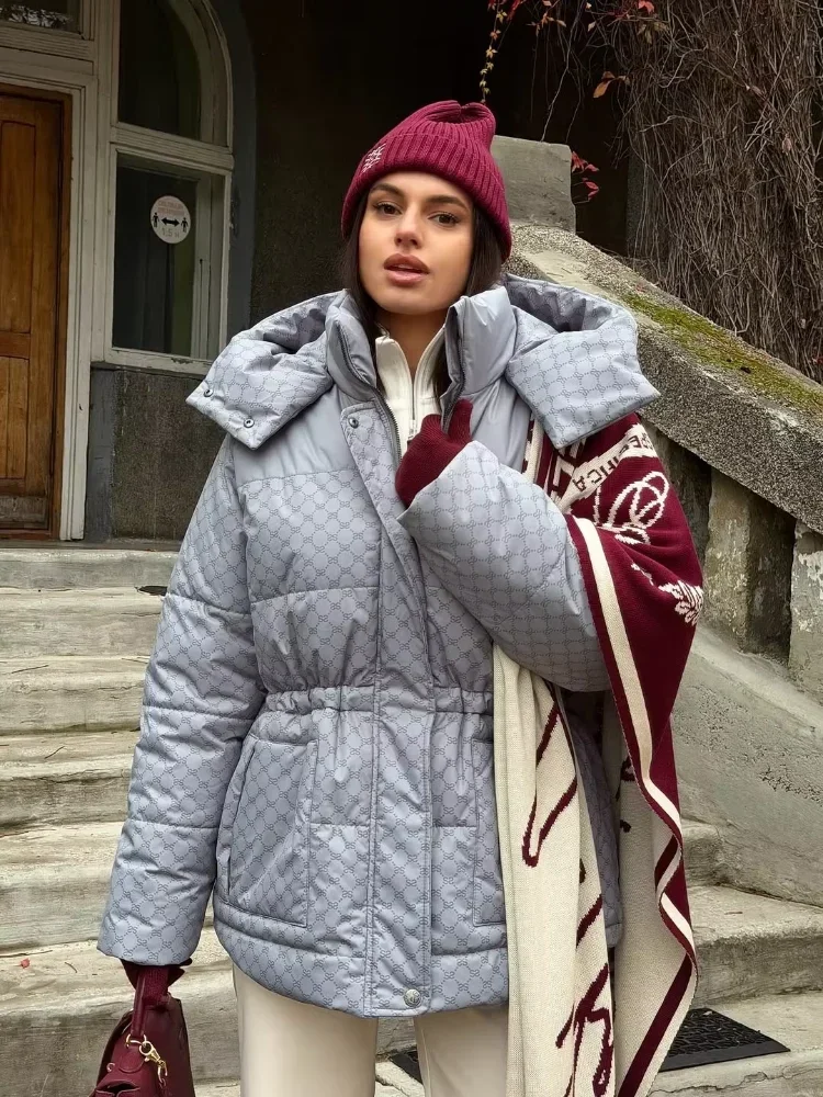 Women's Drawstring Waist Hooded Printed Puffer Coat Mid Length Zip Up Quilted Oversized Padded Jacket Lady Winter Warm Outerwear